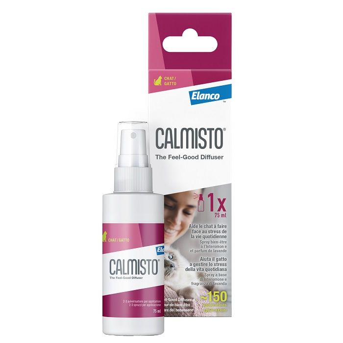 Spray antistress Elanco Calmisto 75 ml per gatti, con interomone e lavanda Spray antistress Elanco Calmisto 75 ml per gatti, con interomone e lavanda